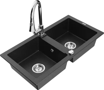 Produktbild von Mexen Mario 2-Becken-Granitspüle mit Mischbatterie Elia, Schwarz/Silbermetallic - 6504-73-670101-00