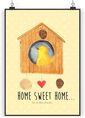 Produktbild von Mr. & Mrs. Panda Bild Vogelhaus Home DIN A5 - Gelb Pastell - Geschenk, wanddeko, Haus, drucke, Umzug, wandkunst, Lustige Sprüche, Plakat, Wandbild, Vogel, Hausbau