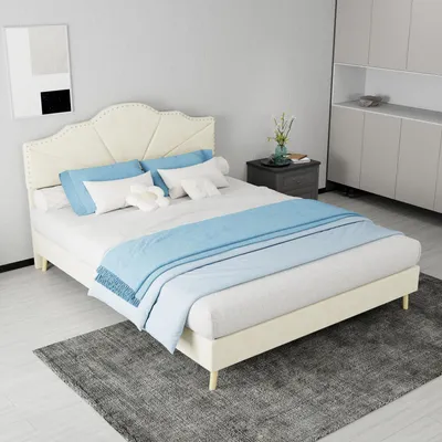 Productafbeelding van Zerbaco gestoffeerd tweepersoonsbed, 140x200 cm, met bedlade, gestoffeerd hoofdeinde, beige, zonder matras