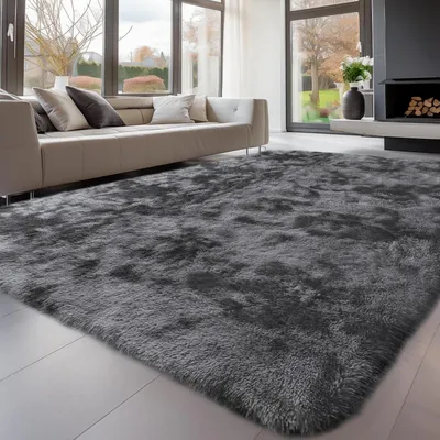 Image de Tapis à poils longs gris, 120x160 cm, lavable, antidérapant, duveteux, gris foncé