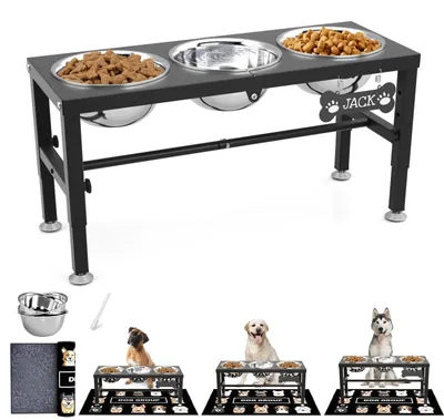 Produktbild von Erhöhte Hundebacke für große Hunde mit 3 Futter- und Wassernäpfen