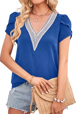 Image de ASKSA T-shirt femme col V pétale manches chemisier dentelle manches courtes été élégant t-shirts tunique uni tops, bleu, L