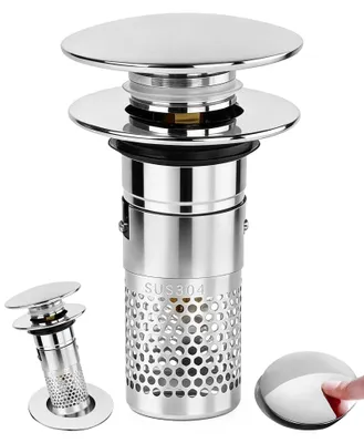 Productafbeelding van 3-in-1 Pop-up afvoersieb - RVS wastafelstopper met zeef en afdichtingen - Geschikt voor badkamer en keuken - 32-40 mm
