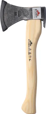 A close-up studio shot of a hand axe with a wooden handle.