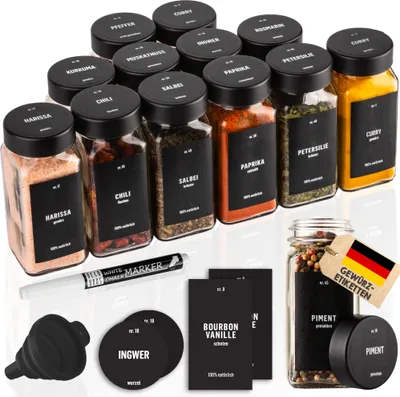 Produktbild von súprava 12 vzduchotesných nádob na korenie 120 ml s čiernymi viečkami z nehrdzavejúcej ocele, nástavcami na šejker, lievikom, štetcom, štítkami a kriedovým perom - DECO HAUS