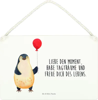 Produktbild von Mr. & Mrs. Panda Schild Pinguin Luftballon DIN A4 - Weiß - Geschenk, Wandbild Holz, Motivation, Holzschild, Türschild, Freundin, Glück, hängeschild, holzbild