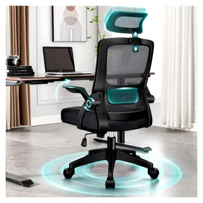 Produktbild von Ergonomischer Bürostuhl mit dynamischer Lordosenstütze, neigbarem Drehstuhl und hochklappbaren Armlehnen, Schwarz