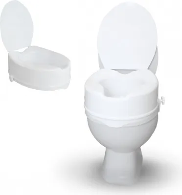A white toilet seat riser with a lid is shown on a white background. A second, separate toilet seat riser is shown in the upper left corner.