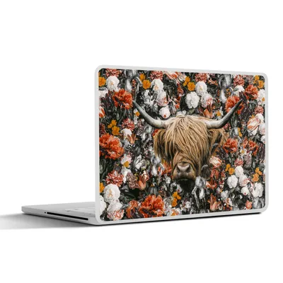 Produktbild von MuchoWow® Laptop Aufkleber Sticker Cover Schottischer Highlander - Blumen - Schwarz - Weiß 40x30 cm - Laptop Dekoration - Selbstklebend
