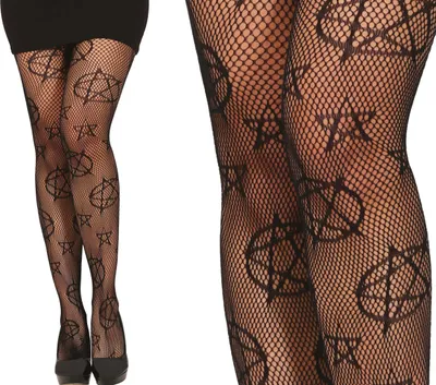 Productafbeelding van Dämon Halloween netpanty met pentagrampatroon, donkere gothische stijl, geschikt voor festivals en feesten. Kleur: zwart