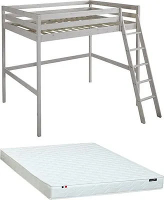 Produktbild von Zwischengeschossbett GEDEON - 140 × 190 cm - Massivholz Kiefer - Weiß gekalkt + Matratze