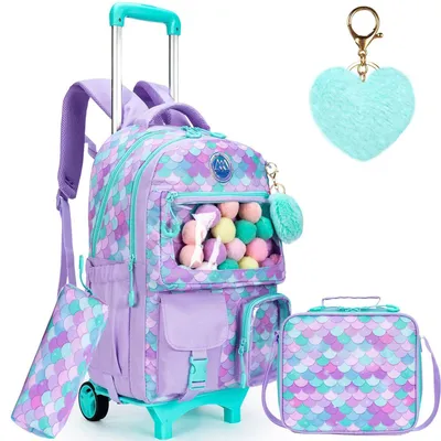 Produktbild von Kinder Trolley Rucksack Set 3-teilig Meerjungfrau Mädchen Schulranzen mit Rollen Lunchtasche Federmäppchen 43cm