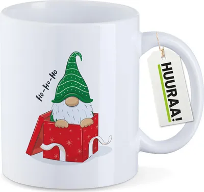 Produktbild von Huuraa Kaffeetasse Ho Ho Ho Wichtel Weihnachtsgeschenk 330ml Weiß Keramik Kaffeebecher Geschenkidee