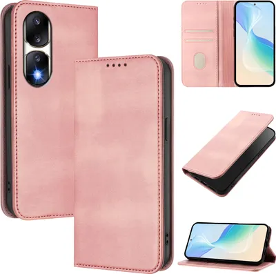 Image de Etui pour Honor 90 Pro, étui en cuir vintage avec protection RFID, fentes pour cartes, support Rose