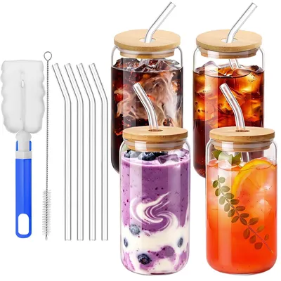 4er-Set Glasbecher 500 ml mit Deckel und Strohhalm, wiederverwendbar