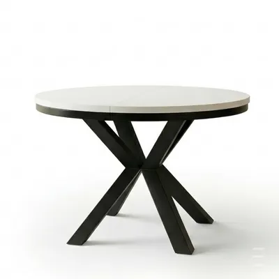 Image de Table ronde à rallonges pour salle à manger RAL avec piétement en anneau, style loft, industriel, diamètre : 120 / 220 cm, couleur : blanc / noir