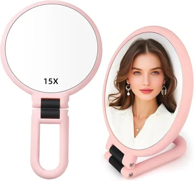Produktbild von Handspiegel 1X/15X, doppelseitig, verstellbarer Griff, faltbar, für Make-up und Rasur