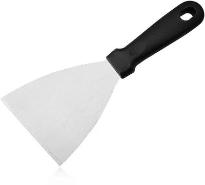Image de Spatule triangulaire de cuisine Unyqoos® en acier inoxydable, avec un manche ergonomique en polypropylène, lavable au lave-vaisselle – polyvalente pour racler et portionner