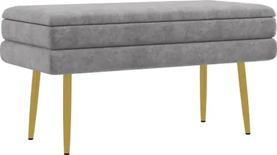 Image de HOMCOM Banc de rangement, bout de lit, coffre de rangement avec assise aspect velours et pieds acier, 79,5 x 37,5 x 43 cm, gris et doré