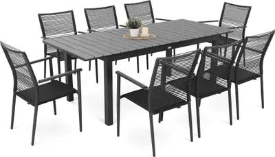 A dining set with a table and chairs on a white background.