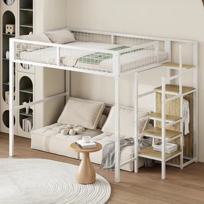 Image de Lit superposé 140x200 avec échelle et armoire, couleur blanche