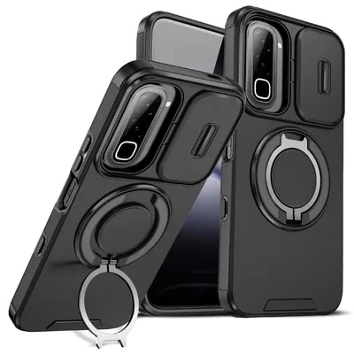 Obrázek produktu pro Dvouvrstvé pouzdro pro Infinix Hot 70 4G, s posuvným krytem fotoaparátu a magnetickým kroužkovým stojánkem Černý