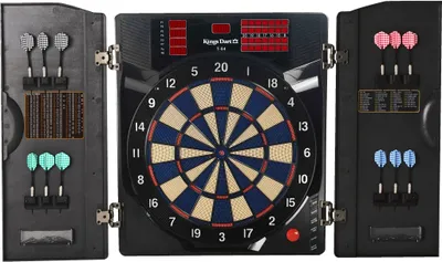A dartboard cabinet with darts stored inside.