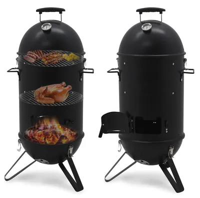 Productafbeelding van Houtskool Grill & Rookoven Barbecue - Smoker - Grill - Met Thermometer - 2 Roosters - Voor Roken, Grillen en Koken - Ø 37 x 91 cm - Zwart