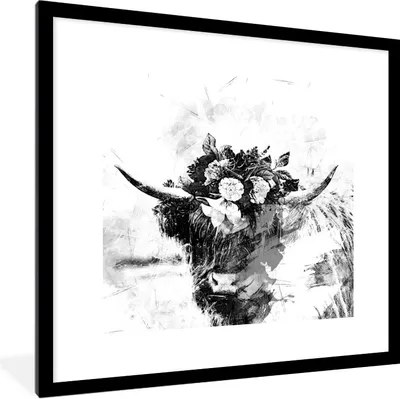 Produktbild von MuchoWow® Gerahmtes Poster Schottischer Highlander - Blume - Schwarz - Weiß 40x40 cm - Poster mit Schwarzem Bilderrahmen Wandposter Rahmen Foto Bilder - Poster - Plakat im Rahmen