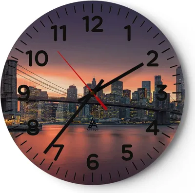 Produktbild von Wanduhr - Rund - Glasuhr - New York Brücke Nacht - 30x30cm - Schleichendes Uhrwerk - Lautlos - zum Aufhängen bereit - Dekoration Modern - Wanddekoration aus Glas - C4AR30x30-4048
