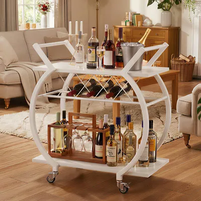 Barwagen mit Holzplatte, Metallgestell, 4 Rollen, verstellbar, 76x40x84 cm, Weiß