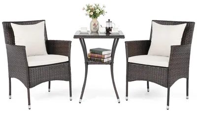 Immagine prodotto di Set di mobili da giardino COSTWAY in polyrattan, mobili da balcone con 2 poltrone, tavolo in vetro e cuscini, salottino da giardino per 2 persone, salottino, mix marrone+bianco