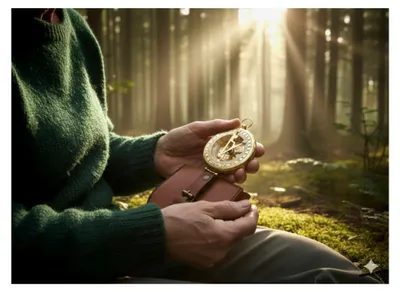 Produktbild von Sonnenuhr-Kompass mit Messing-Finish und Lederetui