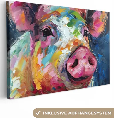 Produktbild von OneMillionCanvasses® - Leinwandbilder - 150x100 cm, Schwein - Ölfarbe - Tiere - Kunst, Wandbilder Kunstdruck Wanddekoration - Foto auf Leinwand - Gemälde auf Holzrahmen