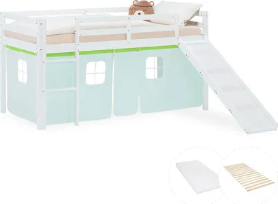 Produktbild von Homestyle4u Kinder Hochbett 90x200 Rutsche Matratze Vorhang grün Kinderbett