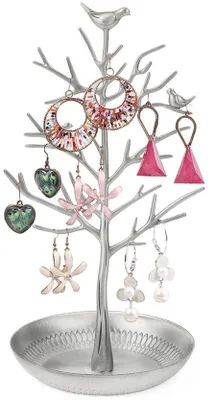 Produktbild von Sieradenopbergaufsatz mit Vogeldekoration, Kettenstandard, Schmuckbaum für Ketten, Ringe und Ohrringe, Damenarmbandstandard, Schmuckhalter, Ohrringhalter, Metall-Schmuckaufsatz für Mädchen und Frauen (Silber)
