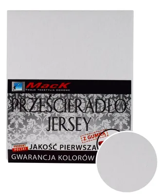 A product image of a white jersey fitted sheet with packaging details.
