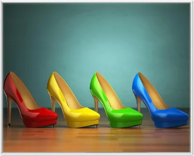Produktbild von Wallario Wandbild Bunte Schuhe - High Heels für Frauen, Größe: 40,30 x 50,30 cm, Poster mit weißem Aluminiumrahmen