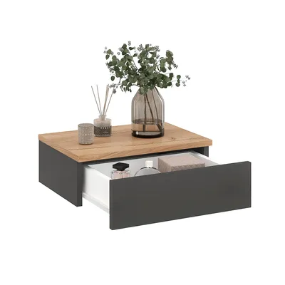 Produktbild von KOMTO Wandregal mit Schublade Honing Eiche+Anthrazit - Nachttisch Hängend Nachttisch Wandmontage Wandschublade Nachtschrank Hängend | Monaco