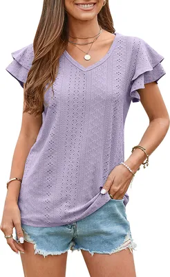 Produktbild von ASKSA Damen T-Shirt Rüschenärmel Bluse Sommer Elegant Oberteile Casual V-Ausschnitt Loose Shirts, Lila, M