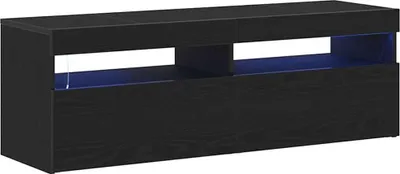 A black TV stand with blue LED lighting.