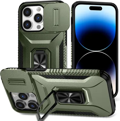 Image de Etui de protection militaire double couche pour iPhone 14 Pro avec protection coulissante de l'appareil photo et support/anneau vert