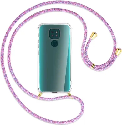 Produktbild von Handykette Backcover-Schutzhülle mit Band (Metall goldfarben) für Motorola Moto G9 / G9 Play - lila/rosa/blau