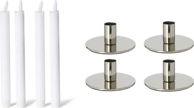 Produktbild von Novaliv 4er-Set Stabkerzenhalter SILBER 10x5cm Weihnachtsdekoration mit Echtwachskerze LED Stabkerze elektrisch Flackereffekt candle holder Metall Adventskranz Weihnachten scandic chic Tafelkerzen