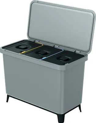 A multi-compartment trash bin with its lid open, shown against a white background.