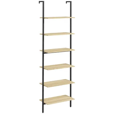 Image de HOMCOM Étagère échelle mural bibliothèque étagère de rangement style industriel 6 étagères acier noir aspect bois naturel - dim. 60L x 30l x 206H cm