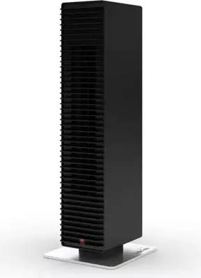 A black tower fan with a white base is shown against a white background.