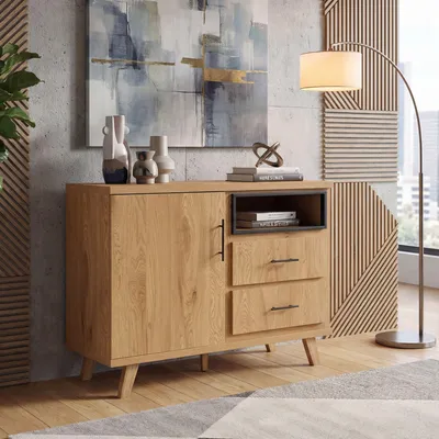 Produktbild von FineBuy Sideboard Eiche Nachbildung 116cm Kommode mit Tür und 2 Schubladen Design Anrichte offenes Ablagefach Standschrank Modern