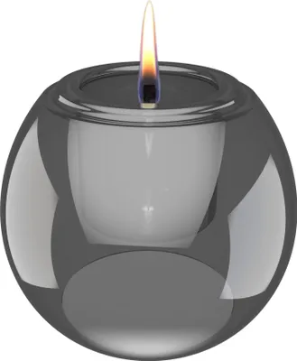 A close-up studio shot of a round, gray glass candle holder with a lit candle inside.