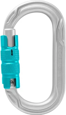 Oval Power 2500 Triple Karabiner von Edelrid; ovaler Aluminiumverschluss mit türkisfarbenem Sicherungsmechanismus.
